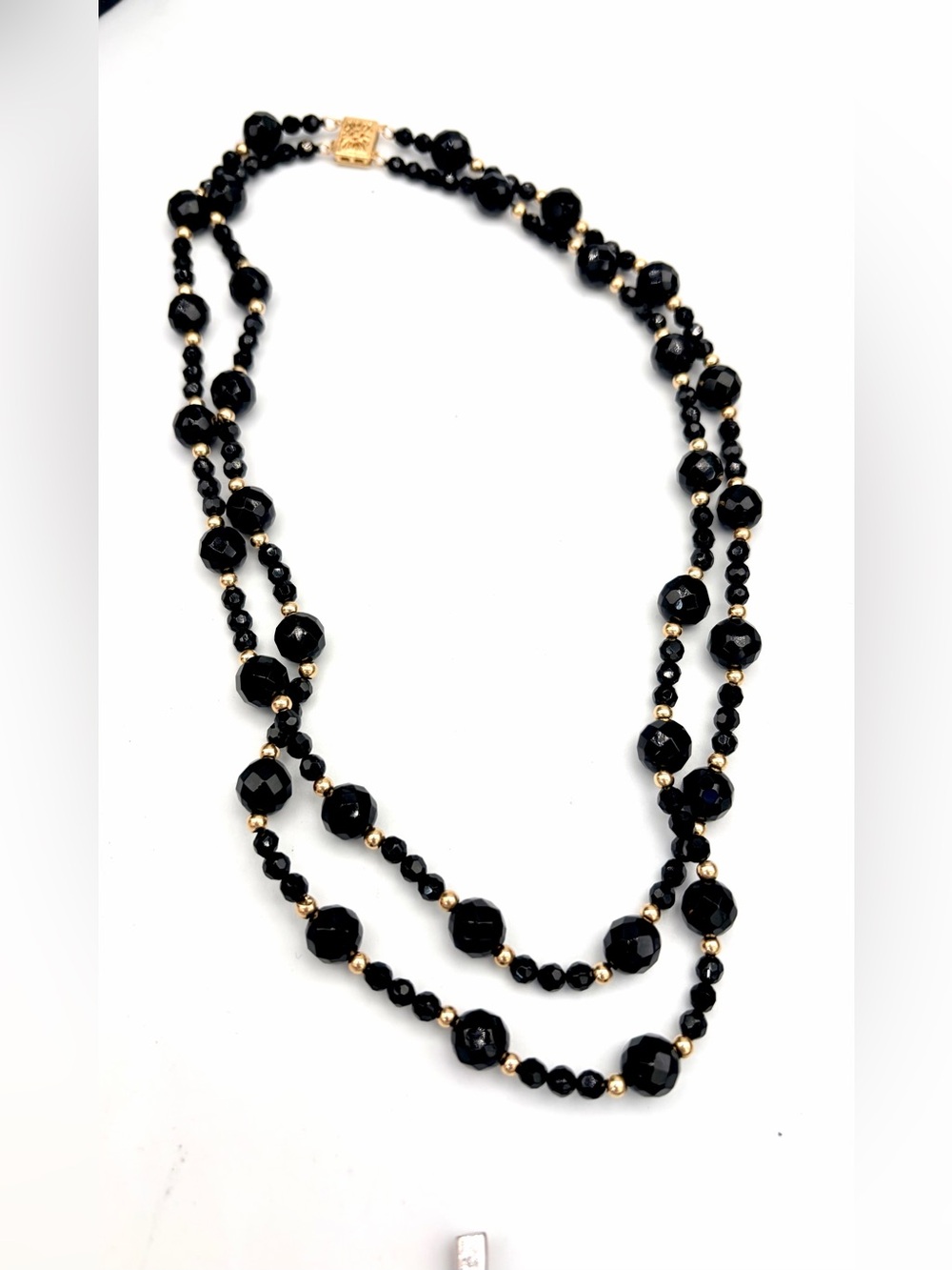 Estate Fine Black Onyx and 14k Gold Beaded Double-Strand Necklace Vintage